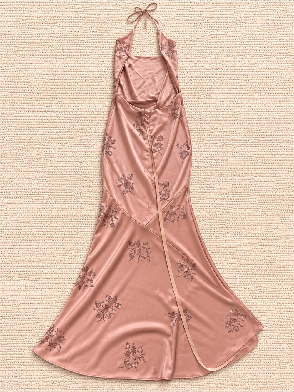Oh Polly Dusty Pink Backless Satin Halter Dress with Floral Appliqué - Picture 2 of 3